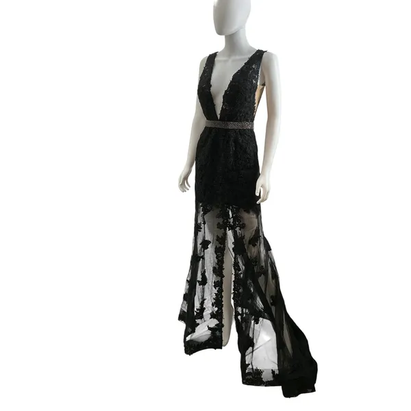 Sherri Hill Black Lace Plunging V-Neck Beaded Waist Formal Gown Dress Size 4 - Image 4