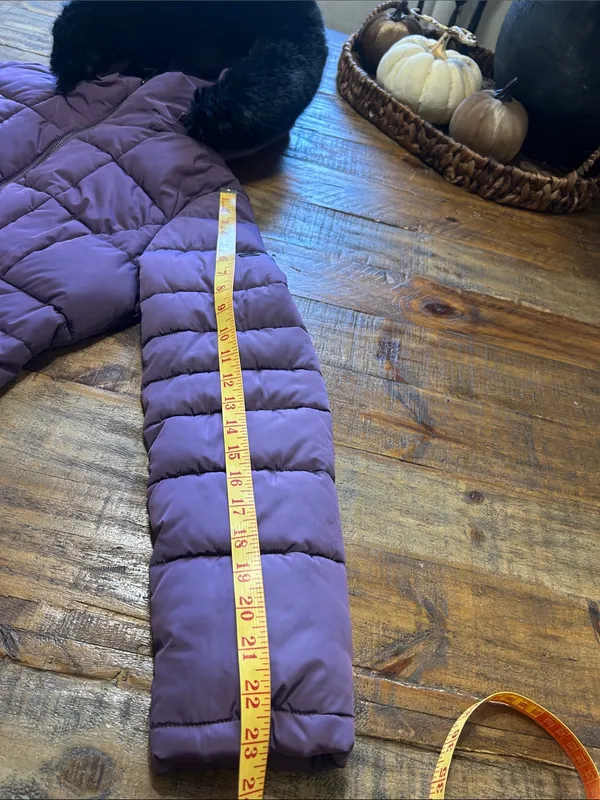 Long Quilted Purple Puffer Coat with Faux Fur Hood - Image 12