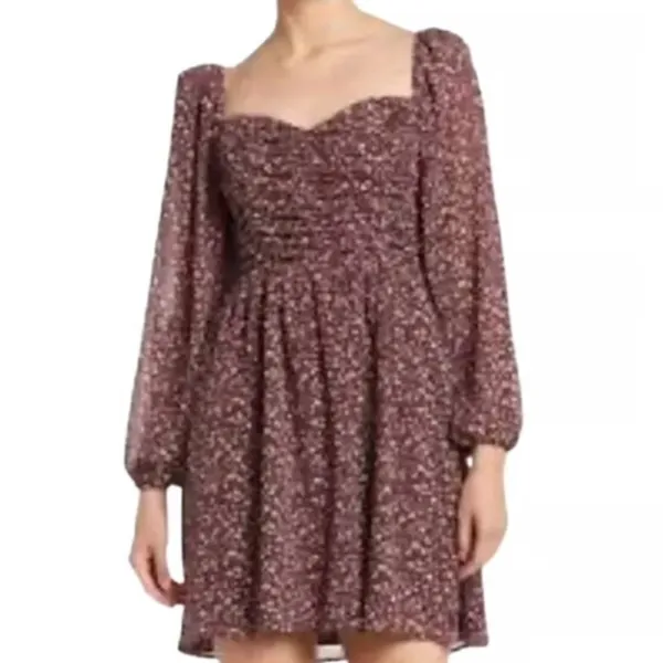 LUSH Boho Smocked Sweetheart Milkmaid Dress in Brown Berry Floral - Image 5