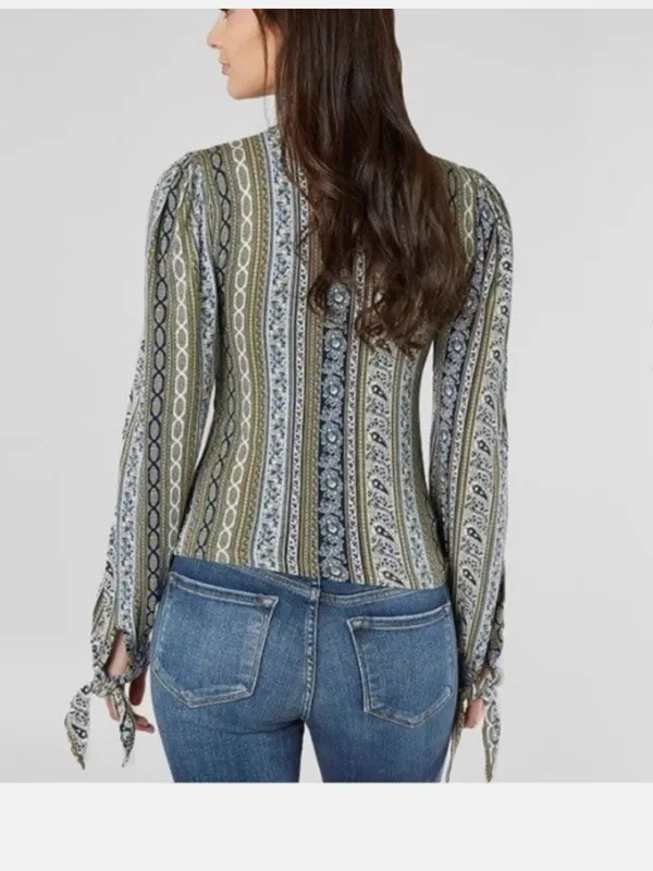 Free People “Donatella” Mock Turtleneck Paisley + Stripe Top – Size Medium - Image 2