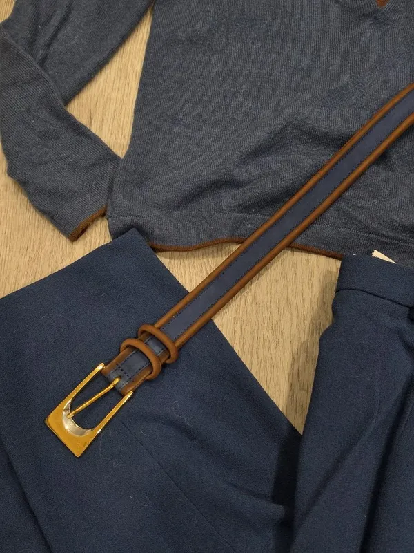 Carlisle Silk Cashmere Button-Up Top Wool Pants & Leather Belt Set Blue & Brown - Image 5