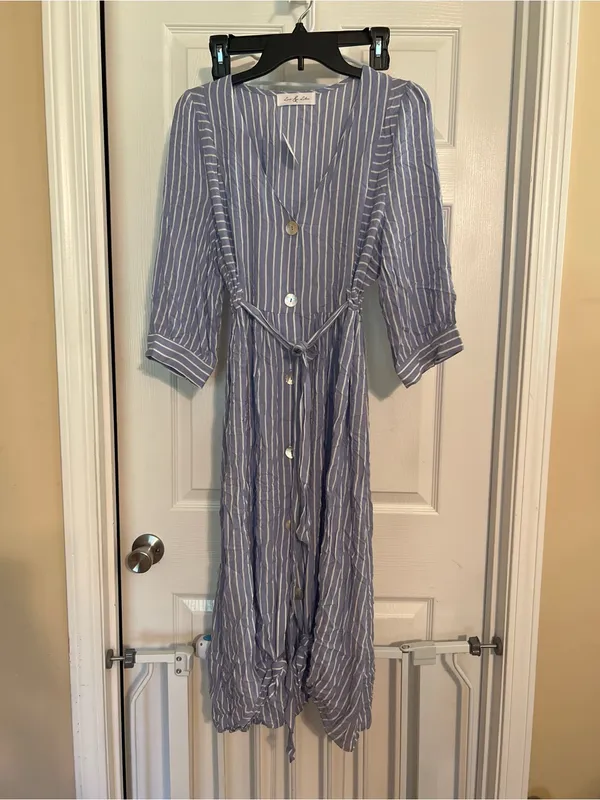 Striped Blue Midi Dress with Tie Waist - Image 2