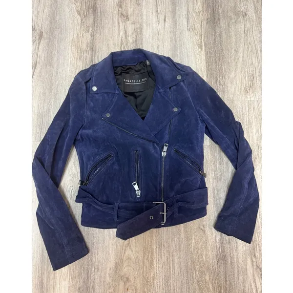 Bagatelle NYC Suede 100% Leather Moto Jacket‎ Full Zip Blue Women's Size Small - Image 2