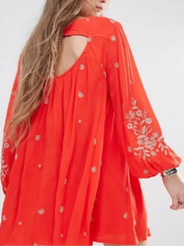NWOT Free People Red Embroidered V-Neck Mini Babydoll Dress - Image 3
