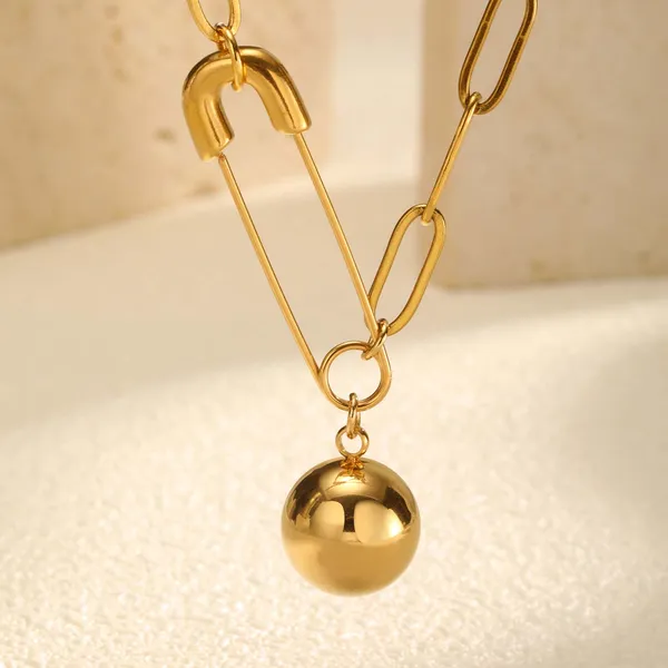 Gold-Tone Safety Pin Ball Pendant Necklace - Image 3