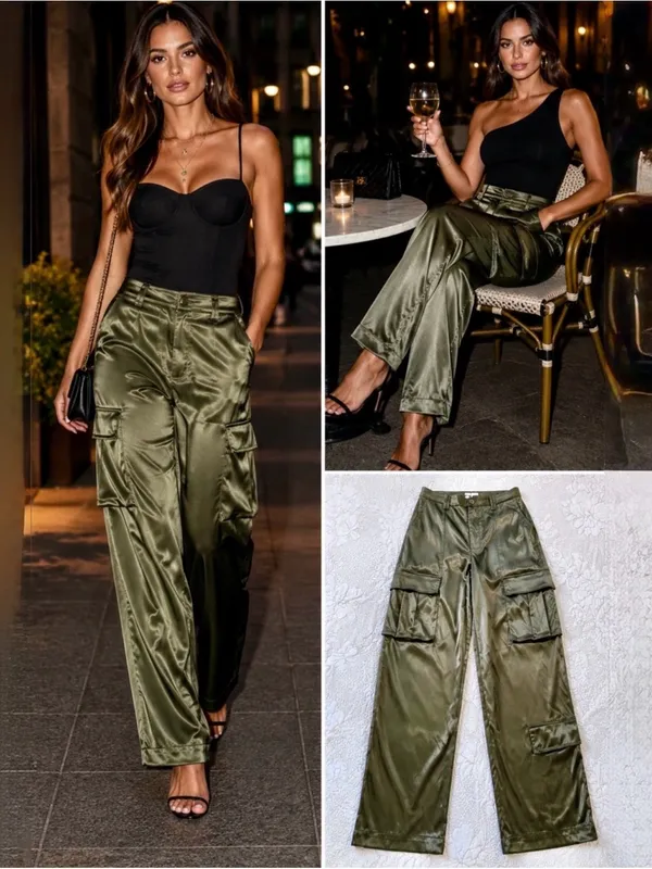 💥NWT REMIx REVOLVE Sydney Satin Cargo Pants Dark Green Utility Luxe Sz M🧡 - Image 2
