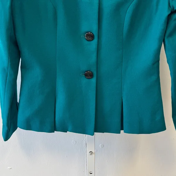 Lord & Taylor Vintage Teal Wool Flannel Blazer Collarless Button Front Jacket‎ 4 - Image 5