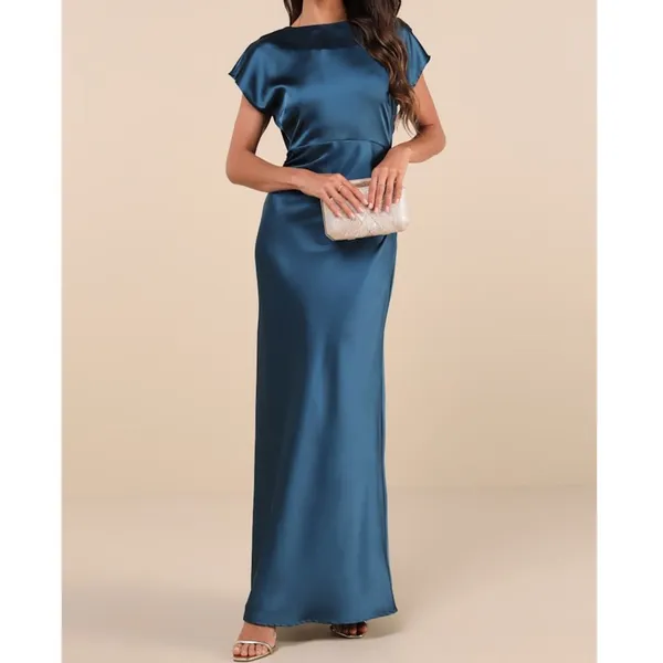 NEW Lulus Captivating Presence Dark Teal Satin Open Cowl Back Maxi Dress Large - Image 4