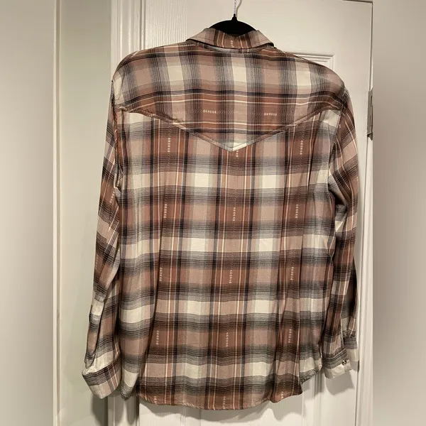 Jane & Delancey Size S Brown Plaid Flannel Western Pearl Snap Front Shirt - Image 9