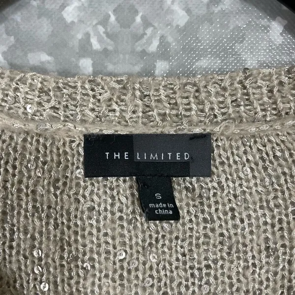 The Limited Beige Sequin Chiffon Hem Open Knit Sweater - Size Small - V-Neck - Image 4