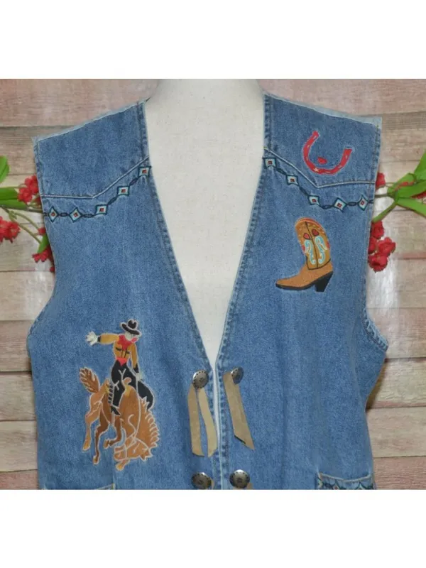 VTG Cambridge Dry Goods Western Denim Vest Womens L Embroidered Rodeo Cowgirl 90 - Image 3