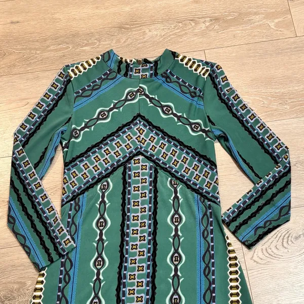 Free People Dress XS Green Stella Printed Mock Neck Long Sleeve‎ Boho Mini - Image 3