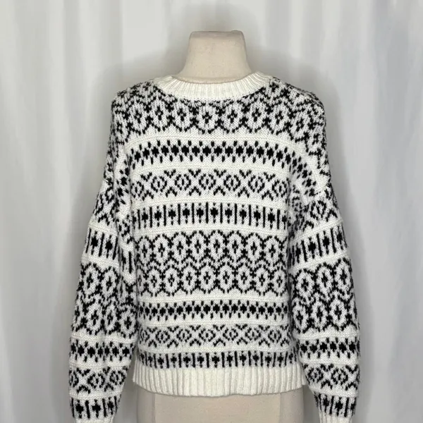 AMERICAN EAGLE Outfitters Fairisle Crew Neck Sweater Black White Fair Isle Small - Image 9