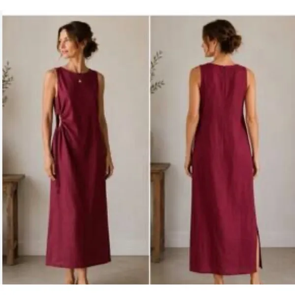 Magaschoni Womens Burgundy 100% Linen Side Cutout Drawstring Maxi Dress Size 6 - Image 2