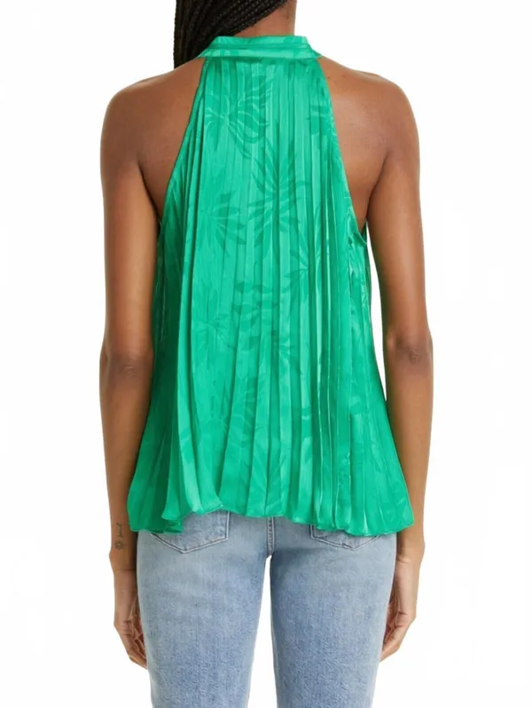 Ramy Brook Alex Pleated Blouse Halter Jacquard Garden Green Island Women's Small - Image 2