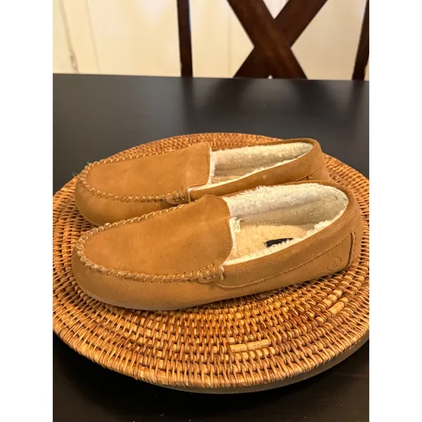 Lands End Womens Suede Moccasin Slippers‎ Tan Brown Faux Fur Lined Loafers - Image 4
