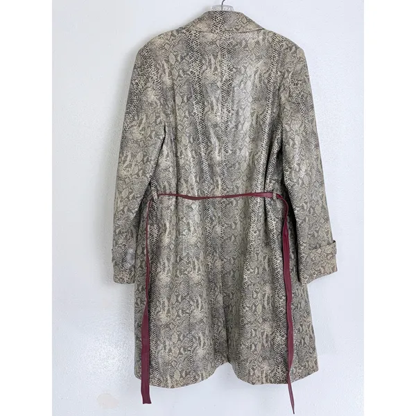 Gallery Trench Coat Gray Faux Snakeskin Print Button Front Burgundy Belted M - Image 9