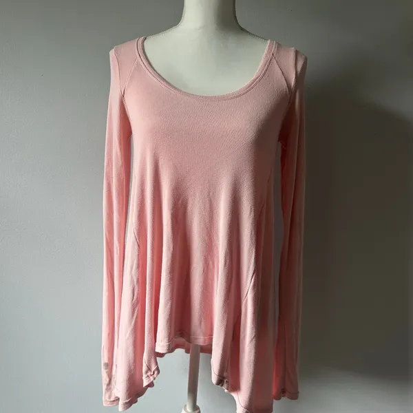 Free People Vintage Baby Pink Longsleeve High Low Blouse Boho Size S - Image 2