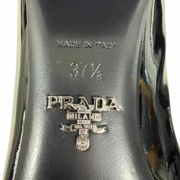 Prada Patent Square Front Enamel Logo Loafer Pump Black Size 37.5 - Image 10