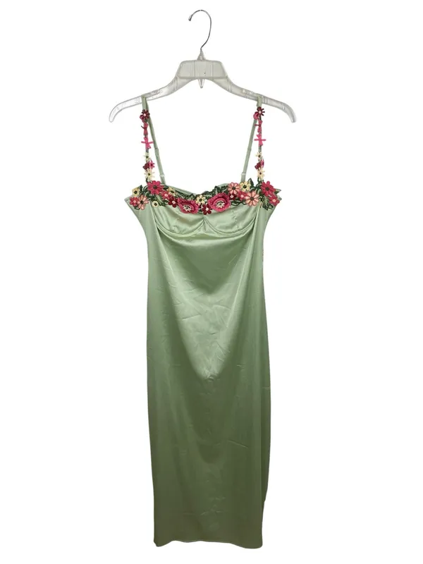 Y2K Fairycore Green Satin Slip Maxi Dress Size Medium Flower Strap Bodycon - Image 12