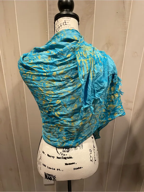 Source Unknown Cute Y2K aqua celestial batik 90s fringe oversized scarf wrap shawl festival - Image 10