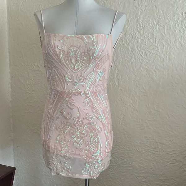Lucy in the Sky Pale Pink Iridescent Sequin Mini Dress Medium - Image 5