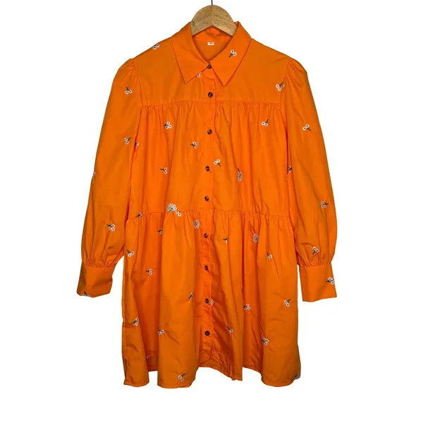 SheIn Floral Embroidered Tiered Babydoll Mini Dress Womens Small Orange Boho Whimsical - Image 3