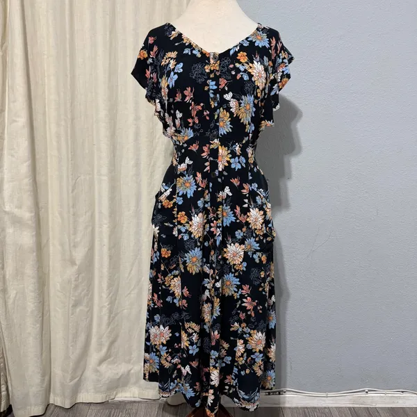 Xhilaration Black Floral Button Front Midi Dress XXL Flutter Sleeve Pockets Boho - Image 3