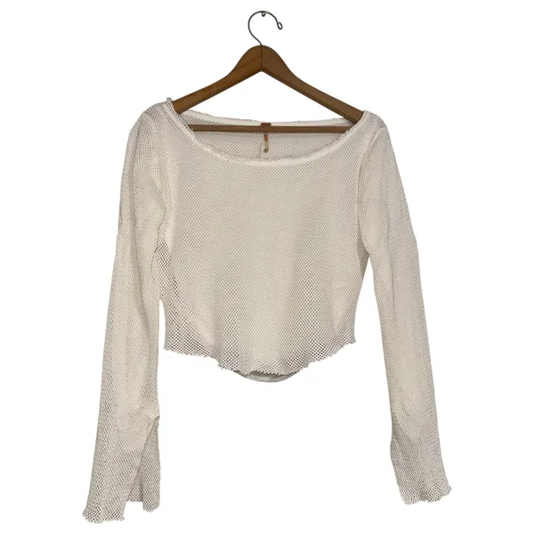 Free People Beau Ivory Mesh‎ Open Knit Long Sleeve Scoop Neck Top XS OB1647781 - Image 4