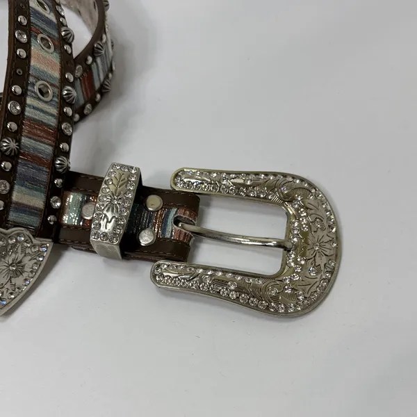 Studded Multicolor Leather Belt with Silver Buckle Brown - Image 3