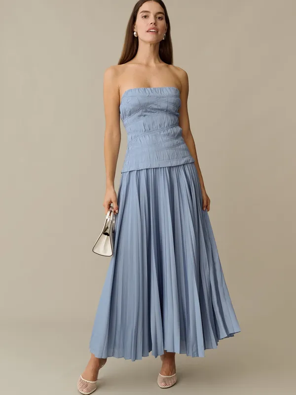 O.p.t. Few Moda Blue Size 2 ADA Pleated Strapless Midi Dress - Image 3