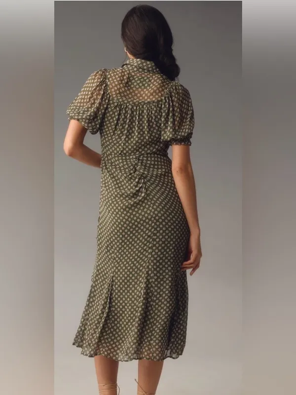 NWT Anthropologie Button Front Puff Sleeve Midi Dress -‎ Moss Green Floral 0 - Image 4