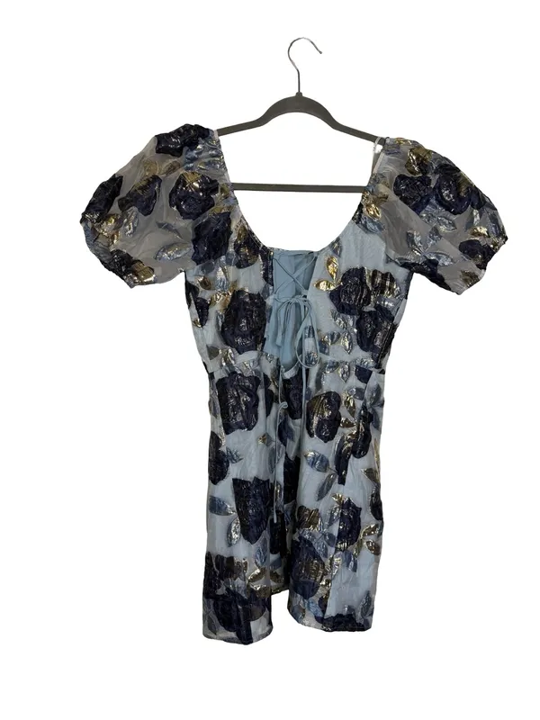 💙 Lulus Blue Floral Metallic Jacquard Puff Sleeve Mini‎ Dress XL 💙 - Image 3