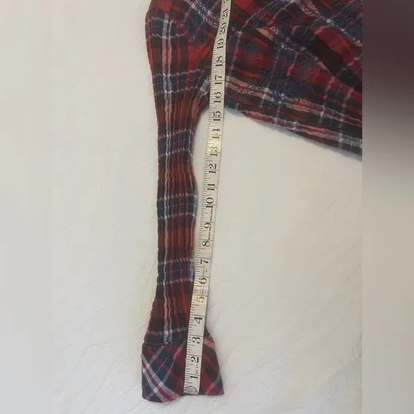 Free People XS Plaid Embroidered Button-Up Shirt Red/Blue Long Sleeve Cotton - Image 11