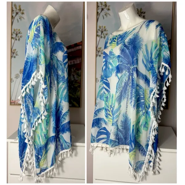 SHEIN Blue White Tropical Floral Sheer Tassel Beach Cover Up Size Large - Image 7