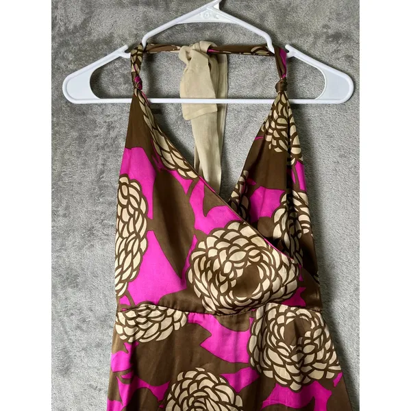 Anka 100% Silk Halter Dress Pink Brown Floral A Line Midi Size Medium Y2K Baddie - Image 2