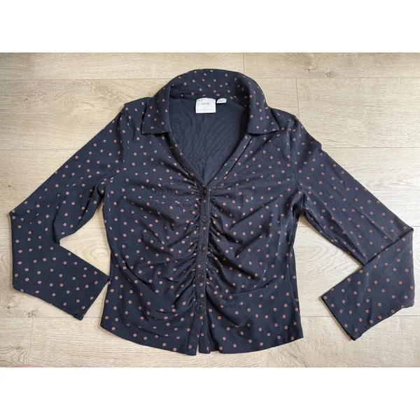 EUC Maeve Anthropologie Printed Ruched Buttondown polkadots collared blouse XL - Image 2