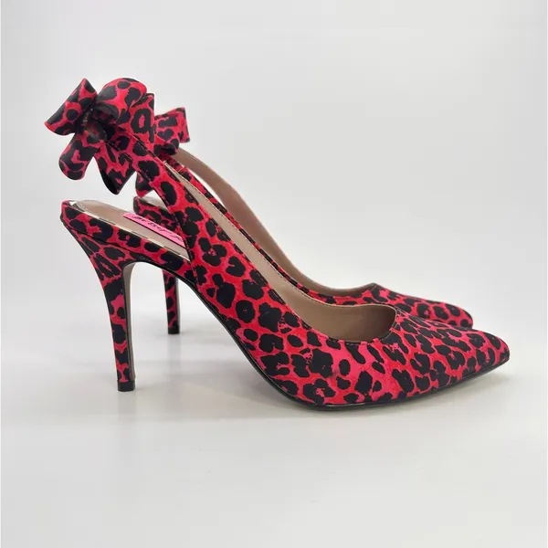 Betsey Johnson Remy Heels 7 Red Leopard Bow Pointed Toe Slingback Pumps Coquette - Image 2