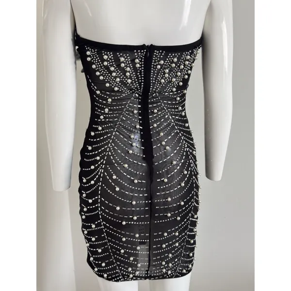 Beaded Pearl Sheer Feather Bust Dress Size Small Stretchy Bodycon Night Out - Image 8