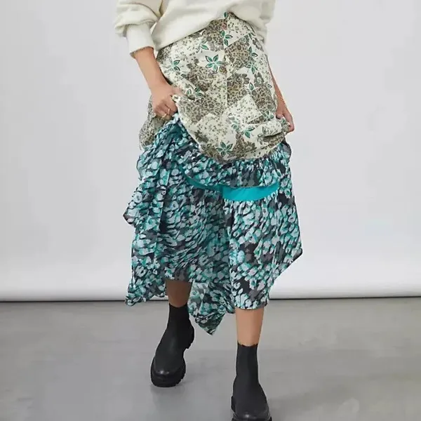 Blue Cream Patchwork Maxi Skirt - Image 2