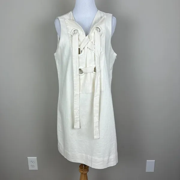 Hyacinth House Tuckernuck‎ Mini Dress Womens Medium Ivory Linen Cotton Lace Up M - Image 9