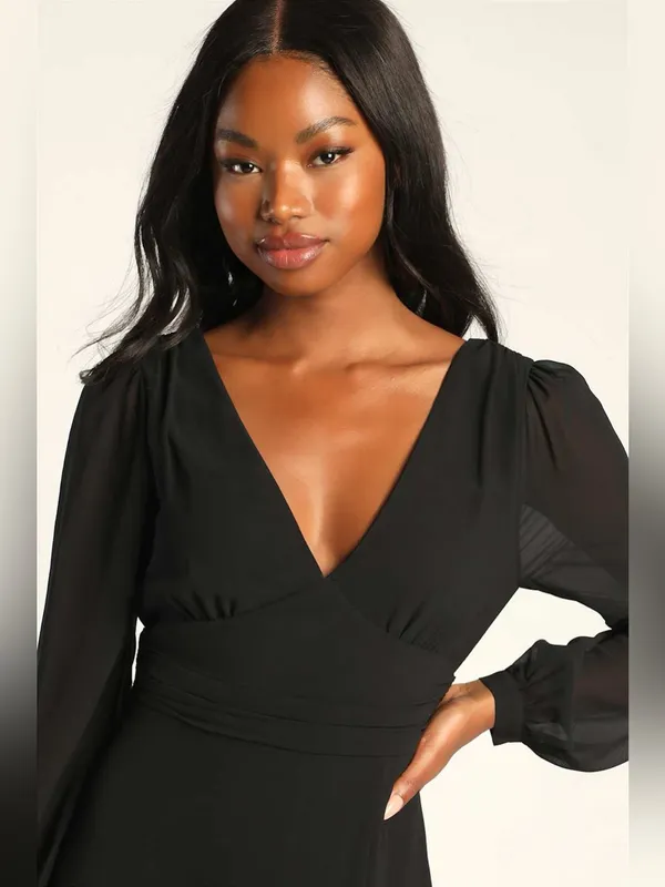 Lulus Love You So Black Long Sleeve Maxi Dress Size Medium NWT V Neck Tie Back - Image 4