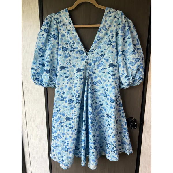 GANNI Printed Cotton Poplin Mini Dress Blue Floral Size EU 36/US 4/Small - Image 7