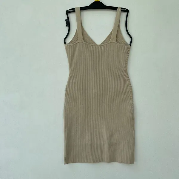 Abercrombie & Fitch S Beige Ribbed Knit Midi Dress V Neck Minimalist - Image 3
