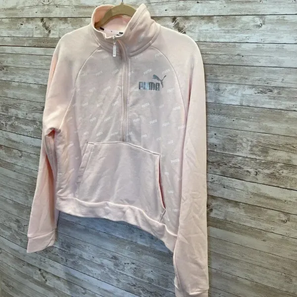 Puma Womens L Sweatshirt Peach‎ 1/2 Zip White Puma Pattern Pullover Athletic - Image 2