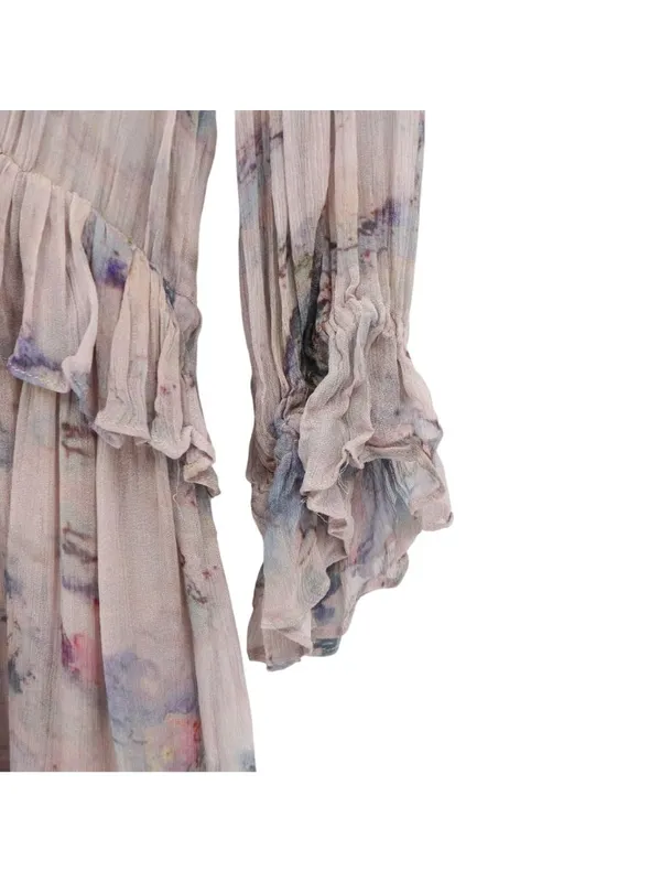 IRO Banon Floral Mauve Mini Blouson Ruffle Lace Up V-neck Dress 42 US 10 - Image 6