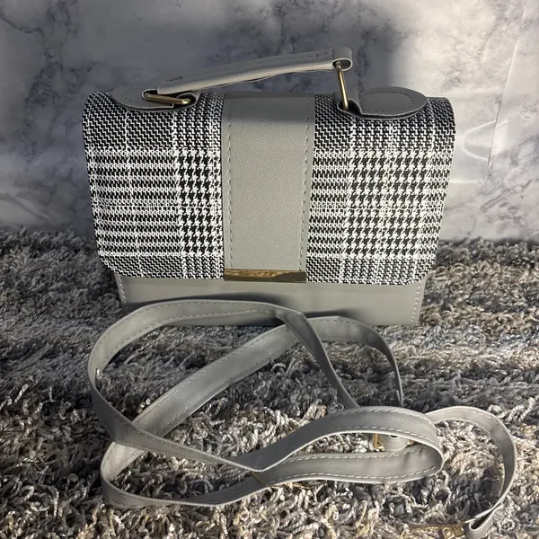 Gray Plaid Top Handle Handbag with Gold-Tone Detail - Image 3