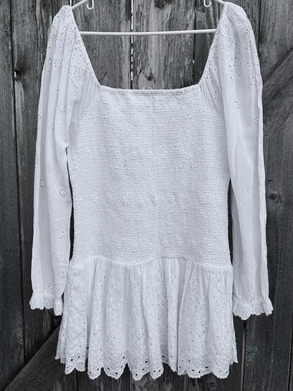 EUC LoveShackFancy Jayce Smocked Eyelet Scalloped Hem Mini Dress White Large - Image 13