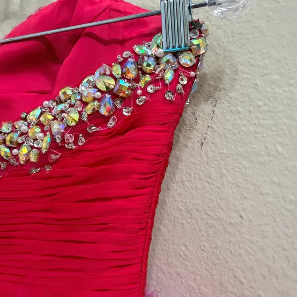 Mac Duggal Hot Pink Feather Mini Dress Beaded Sequin Strapless Prom Party Size 0 - Image 8