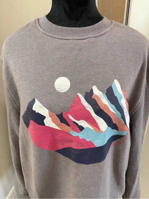 Mountain And Isles Grey Pullover Crewneck Sweatshirt‎ Mountains Outdoor Sunset L - Image 2